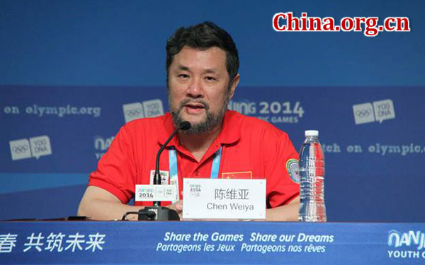 Chief Director Chen Weiya briefs the press on preparation work for the closing ceremony of the 2014 Youth Olympic Games in Nanjing on Aug. 22, 2014. [Photo by Xiang Bin/China.org.cn]