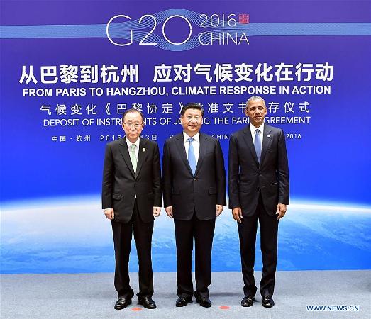 Chinese President Xi Jinping (C), U.S. President Barack Obama (R) and Secretary-General of the United Nations Ban Ki-moon attend the deposit of instruments of joining the Paris Agreement in Hangzhou, capital city of east China's Zhejiang Province, Sept. 3, 2016.