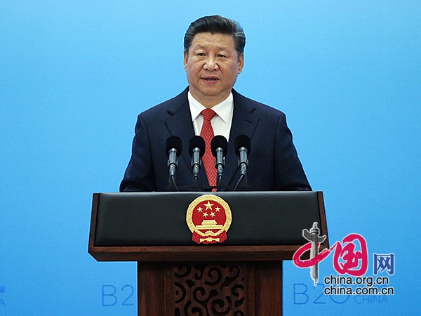 Chinese President Xi Jinping delivers a keynote speech at the Business 20 (B20) summit in Hangzhou, capital of east China's Zhejiang Province, Sept. 3, 2016. [Photo/China.org.cn]